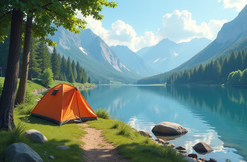  summer day at a campsite on a picturesque lake ar 3:2 {prompt}, maximum details