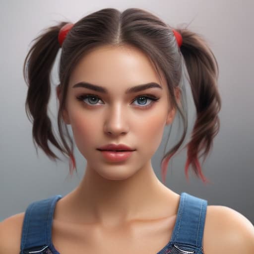 an ultra realistic photo of , taken from front view, in their , pigtails hairstyle, hair, and partially , in with clothing, looks , miss universe model and your sis one person symmetrical balance, in-frame hyperrealistic, full body, detailed clothing, highly detailed, cinematic lighting, stunningly beautiful, intricate, sharp focus, f/1. 8, 85mm, (centered image composition), (professionally color graded), ((bright soft diffused light)), volumetric fog, trending on instagram, trending on tumblr, HDR 4K, 8K