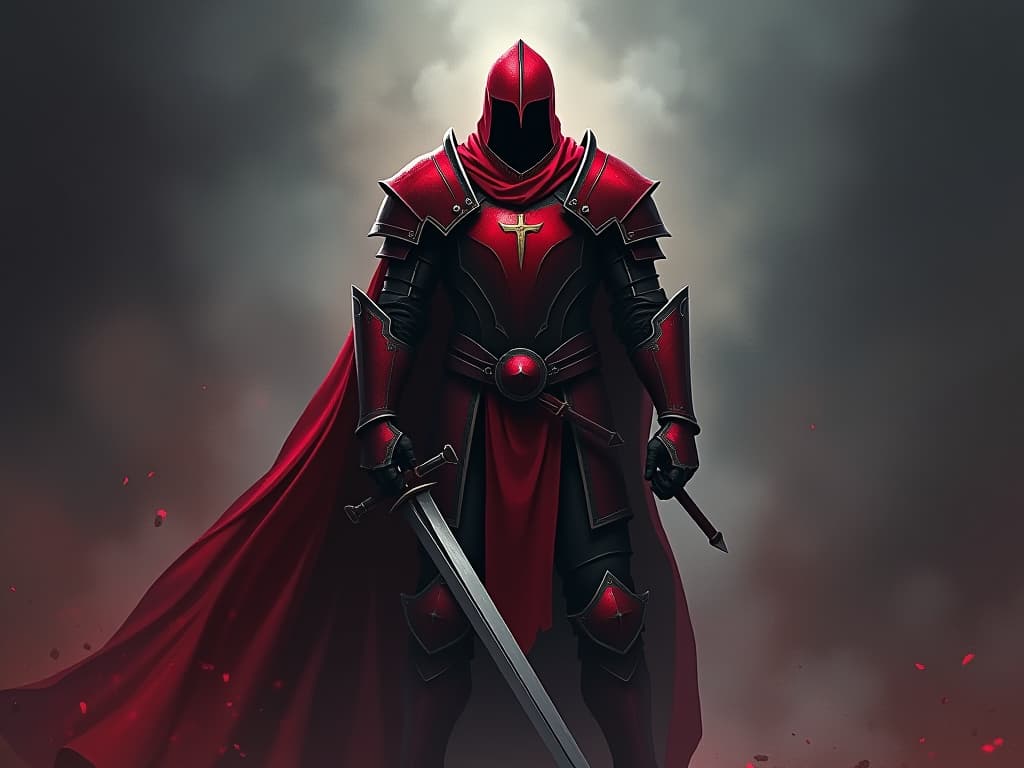  knight in red battle worn armor, standing tall after a victorious battle, epitome of strength and resilience. the style is digital art illustration / modern comic book / graphic dark novel fantasy and mysterious occult, symbolic, moody lighting, esoteric vibe,high detail on character design. for the color scheme emphasize blacks and reds.