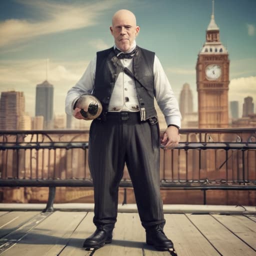 Create image of 55 year old bald man who weighs 220 dominating in pickleball in Steampunk style with City background