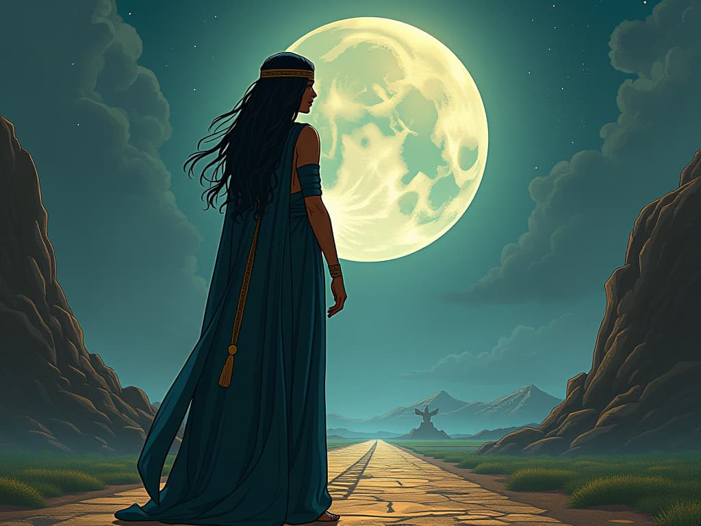  a large busted, alluring egyptian seer in tight, sheer robes, standing at a crossroads, moonlight illuminating a path of opportunities, symbolism of choice and foresight. the style is digital art illustration / modern comic book / mysterious occult, symbolic, esoteric vibe,high detail on character design, incorporating ancient egyptian symbology and attire.