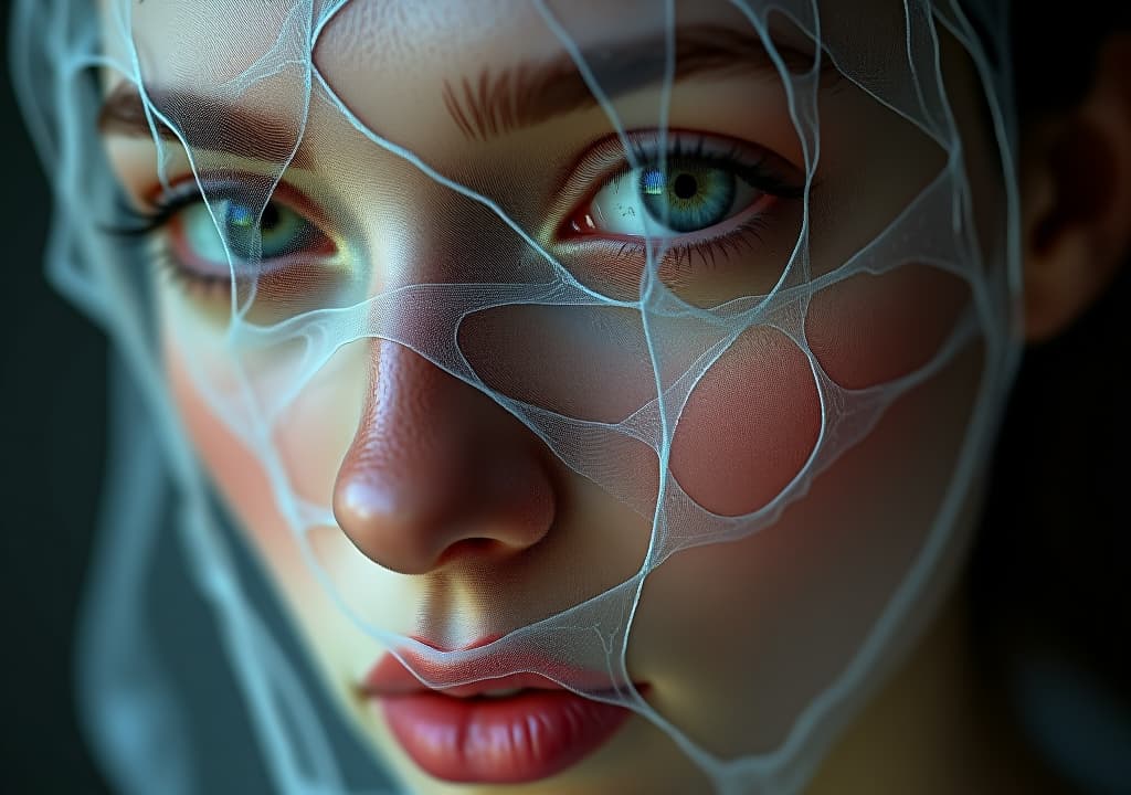  close up of a person's face covered in a delicate, intricate web like material