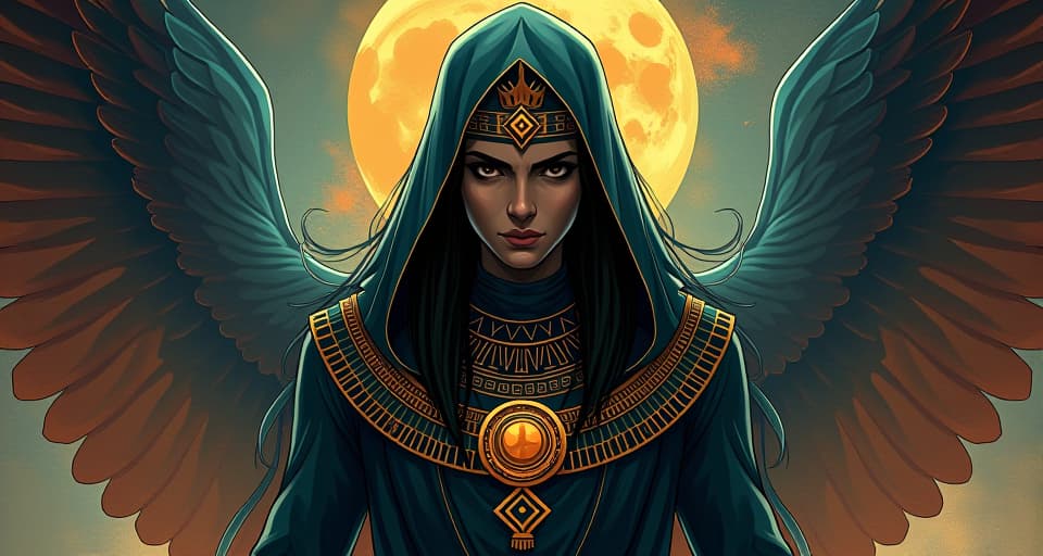  denial of silence's power, self deception, persistent echoes, unresolved tension. the style is digital art illustration / modern comic book / mysterious occult, symbolic, esoteric vibe,high detail on character design, incorporating ancient egyptian symbology and attire.