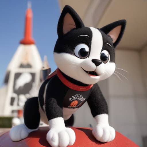 Felix the Cat, flexing his muscles, while riding a Space Shuttle (that says “SouthBest” on the side), from the Los Angeles Coliseum and USC Campus.