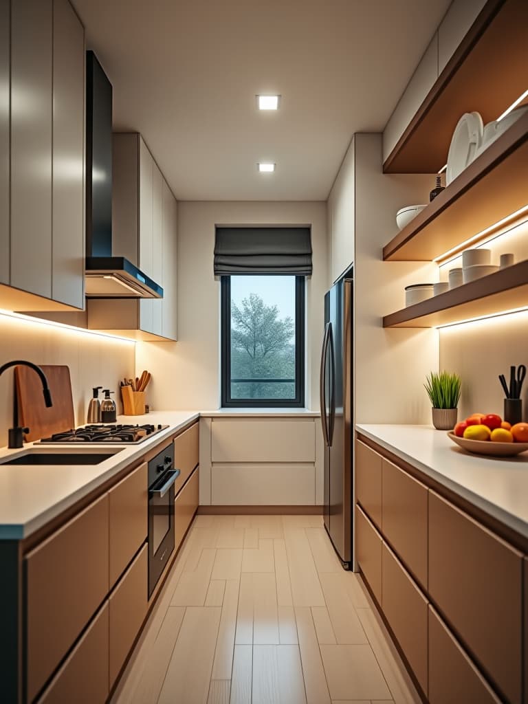  high quality portrait photo of a small galley kitchen with recessed ceiling lights and hidden led strips in shelving, creating a bright and open feel hyperrealistic, full body, detailed clothing, highly detailed, cinematic lighting, stunningly beautiful, intricate, sharp focus, f/1. 8, 85mm, (centered image composition), (professionally color graded), ((bright soft diffused light)), volumetric fog, trending on instagram, trending on tumblr, HDR 4K, 8K