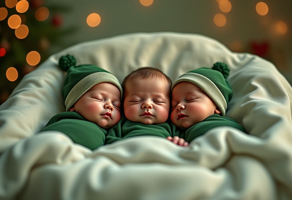  hyperrealistic art three newborn babies in green and new year's suits sleep in a bed under a new day's tree. light photos in the afternoon. . extremely high resolution details, photographic, realism pushed to extreme, fine texture, incredibly lifelike hyperrealistic, full body, detailed clothing, highly detailed, cinematic lighting, stunningly beautiful, intricate, sharp focus, f/1. 8, 85mm, (centered image composition), (professionally color graded), ((bright soft diffused light)), volumetric fog, trending on instagram, trending on tumblr, HDR 4K, 8K