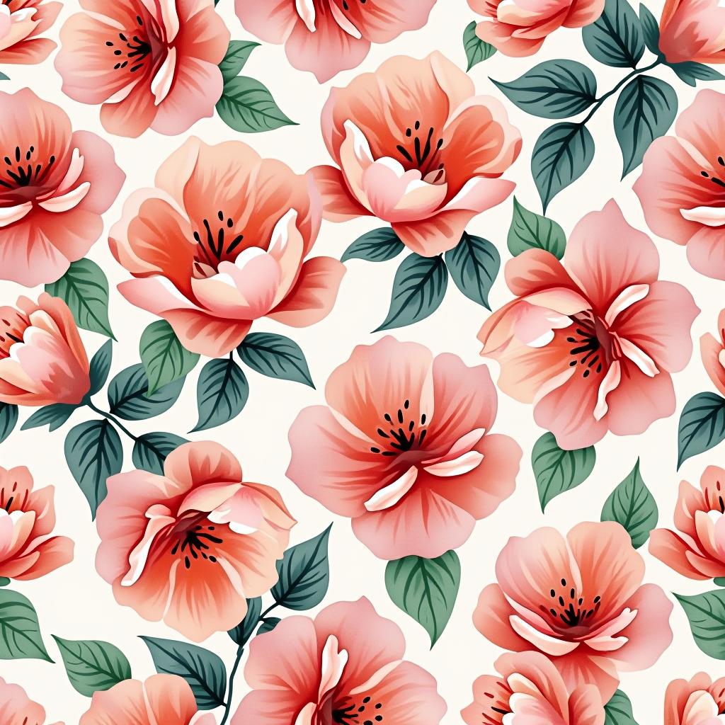  create a seamless digital design featuring a pattern of large, beautiful flowers with soft, watercolor like effects. the flowers should cover the entire surface, creating a bold, elegant, and continuous look. the overall style should be light and airy, with delicate leaves and petals to enhance the natural, floral theme. the design should be seamless to ensure it can be used in repeating patterns or wraps.