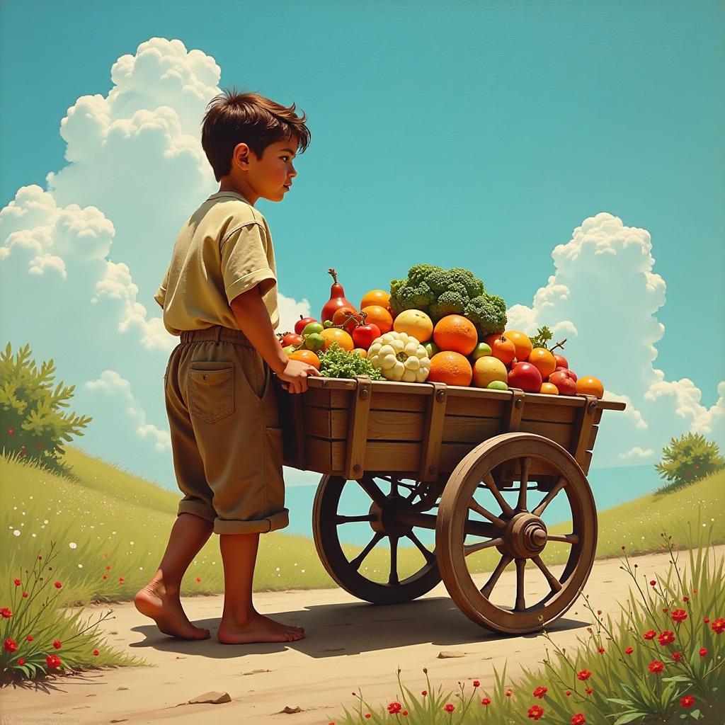  an oil painting in 80's fantasy poster art of a boy with a cart full of abundance food, symbolizing hope and renewal amidst the trials