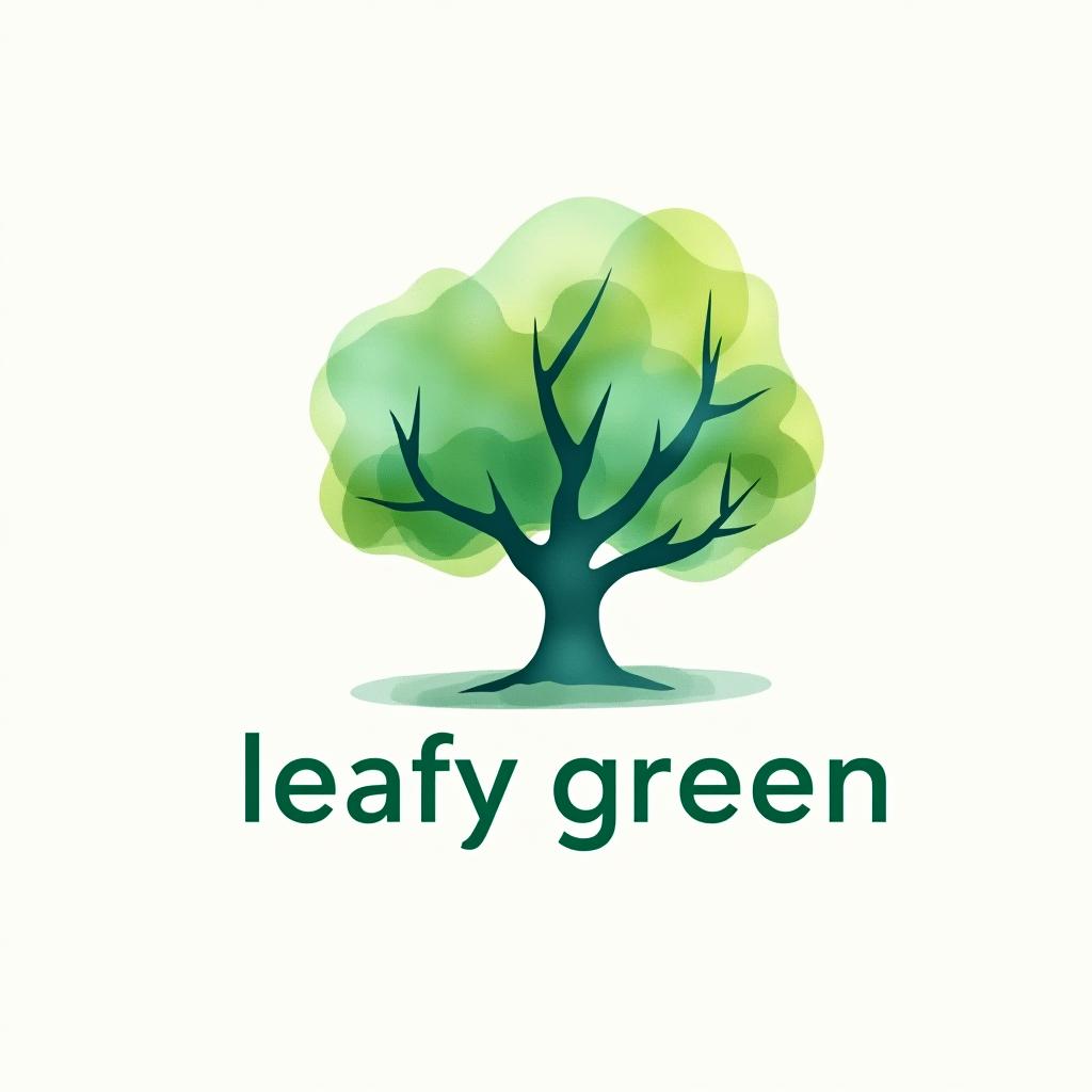  design a logo, watercolor style, logo of a tree, green and blue, with the text 'leafy green'.