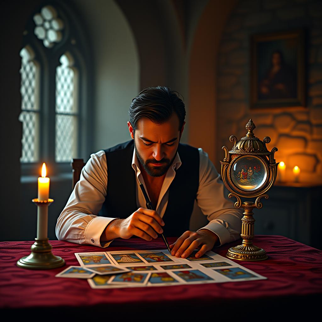  a man is doing a tarot card reading in a castle, with candles burning on the table, and there is a magical crystal ball and a magical mirror present.