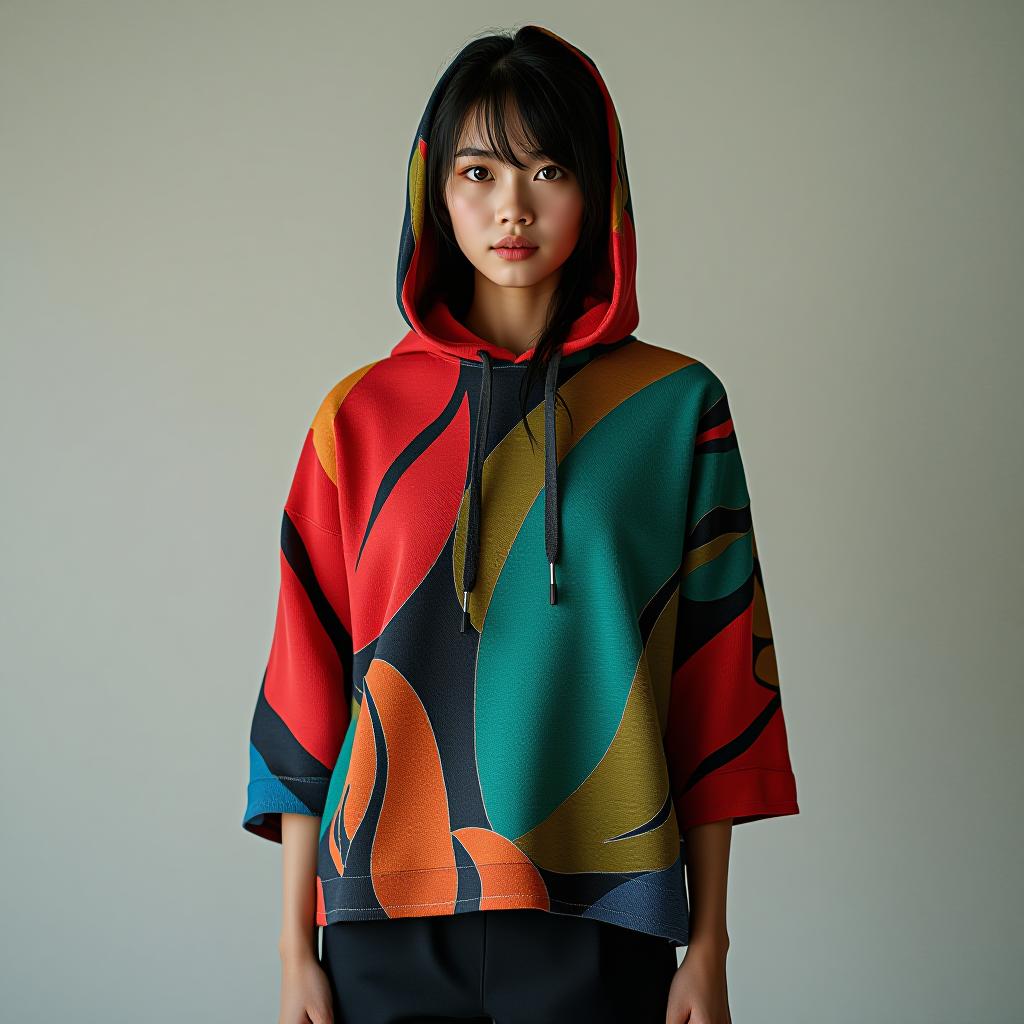  "create an image of a young, slim female model around 165 cm tall wearing an oversized hooded sweatshirt. the sweatshirt has three quarter length sleeves and is made of a soft, polyester cotton blend. the fabric features a bold, abstract pattern with large, stylized leaf or flame like shapes. the primary colors of the pattern are red, green, blue, and orange on a black background. the model has a mixed or southeast asian appearance and stands confidently against a neutral background, with her hood partially raised."  hyperrealistic, full body, detailed clothing, highly detailed, cinematic lighting, stunningly beautiful, intricate, sharp focus, f/1. 8, 85mm, (centered image composition), (professionally color graded), ((bright soft diffused light)), volumetric fog, trending on instagram, trending on tumblr, HDR 4K, 8K