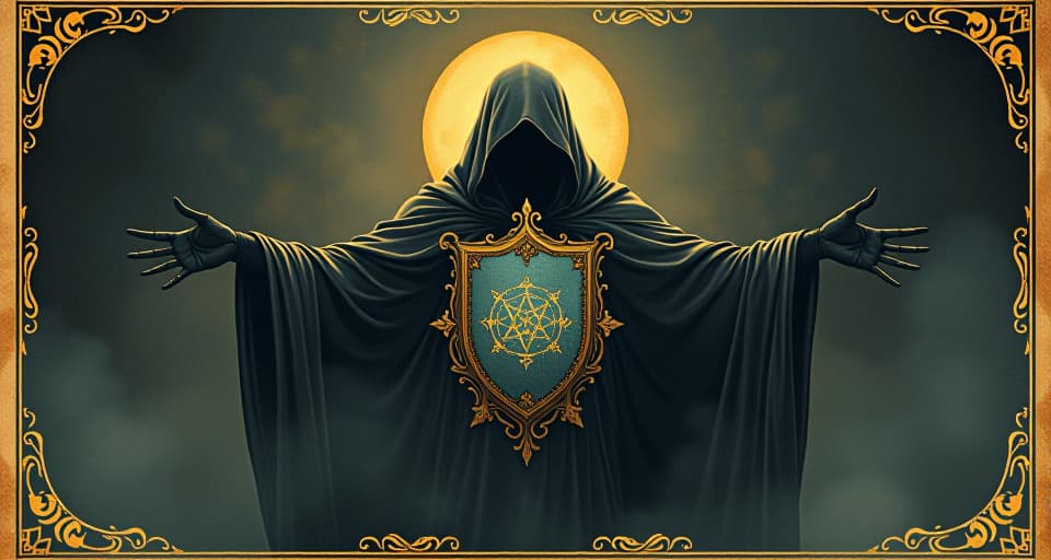  a figure enveloped in a shimmering shield, dark energies turning back, mastery of protection, force redirection. an illustration in the style of a worn, mystical old tarot trump card, mysterious and elements of surrealism. the colors are muted, somber and eerie, but with contrast bring out an occult and esoteric vibe.