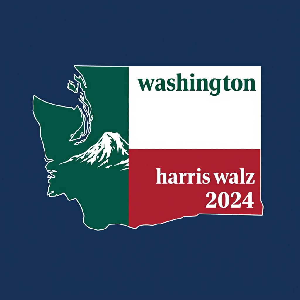  a tshirt design inspired by the washington state flag. the left side features a green vertical stripe with a large mountain in the center. the right side is divided into two horizontal sections: the top section is white with the text 'washington for' in bold, green, uppercase letters, and the bottom section is red with the text 'harris walz 2024' in bold, white, uppercase letters. the overall layout is clean and straightforward, with a clear and patriotic color scheme of blue, white, and red.