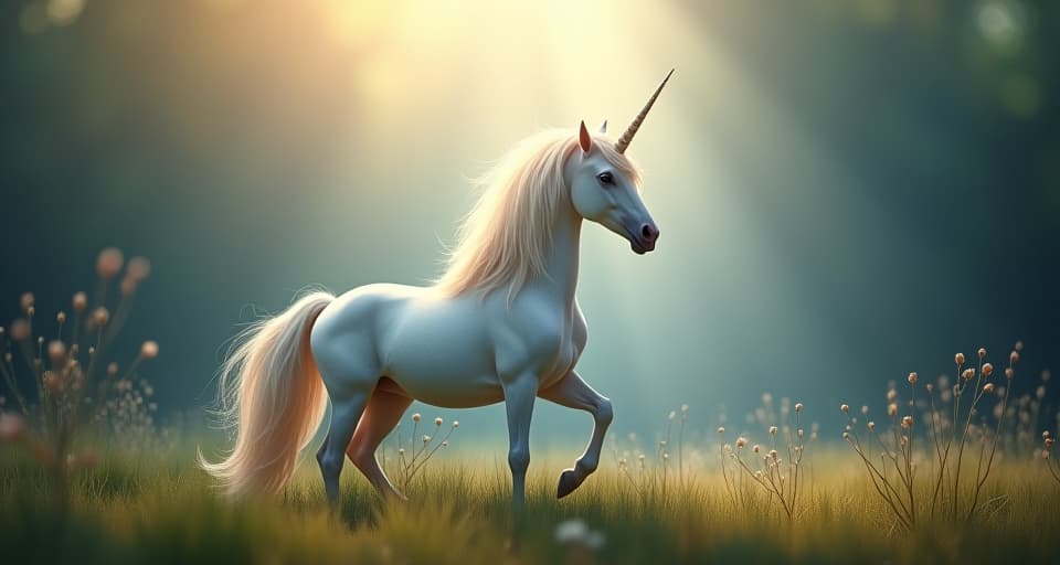  a radiant unicorn with a luminous horn, standing in an enchanted meadow. the atmosphere is charged with energy as beams of light surround the unicorn, representing the dismantling of deception.. the style is digital art illustration,highly detailed, whimsical,magical, dreamlike atmosphere, realism and fantasy blend, smooth, glossy textures,luminous quality, wonder and enchantment.