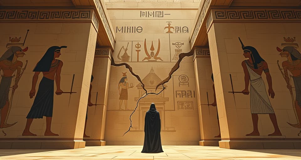  fading murals on ancient temple walls, depicting primordial gods, large cracks obscuring the images, symbols of weakness and instability. the style is digital art illustration / modern comic book / mysterious occult, symbolic, esoteric vibe,high detail on character design, incorporating ancient egyptian symbology and attire.