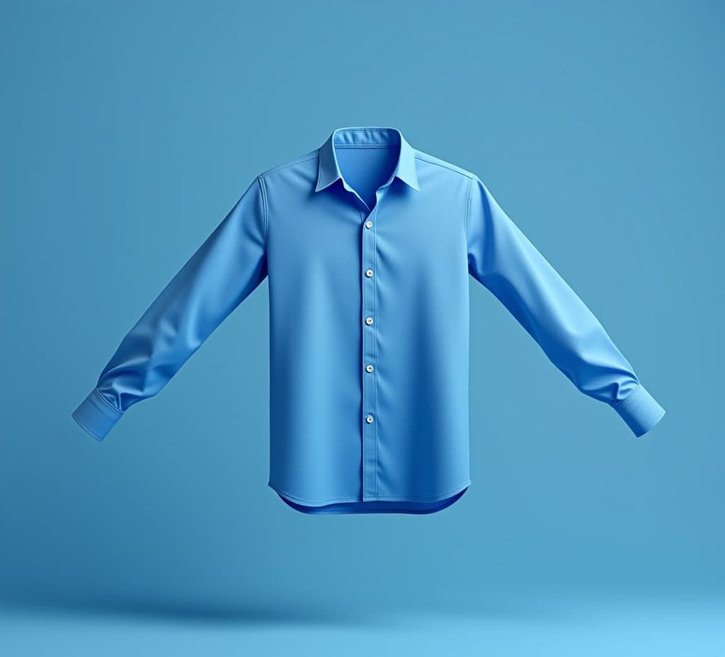  a blue shirt floating in mid air. the shirt is long sleeved and appears to be made of a lightweight fabric. the background is a solid color, providing a stark contrast to the shirt. the shirt is posit