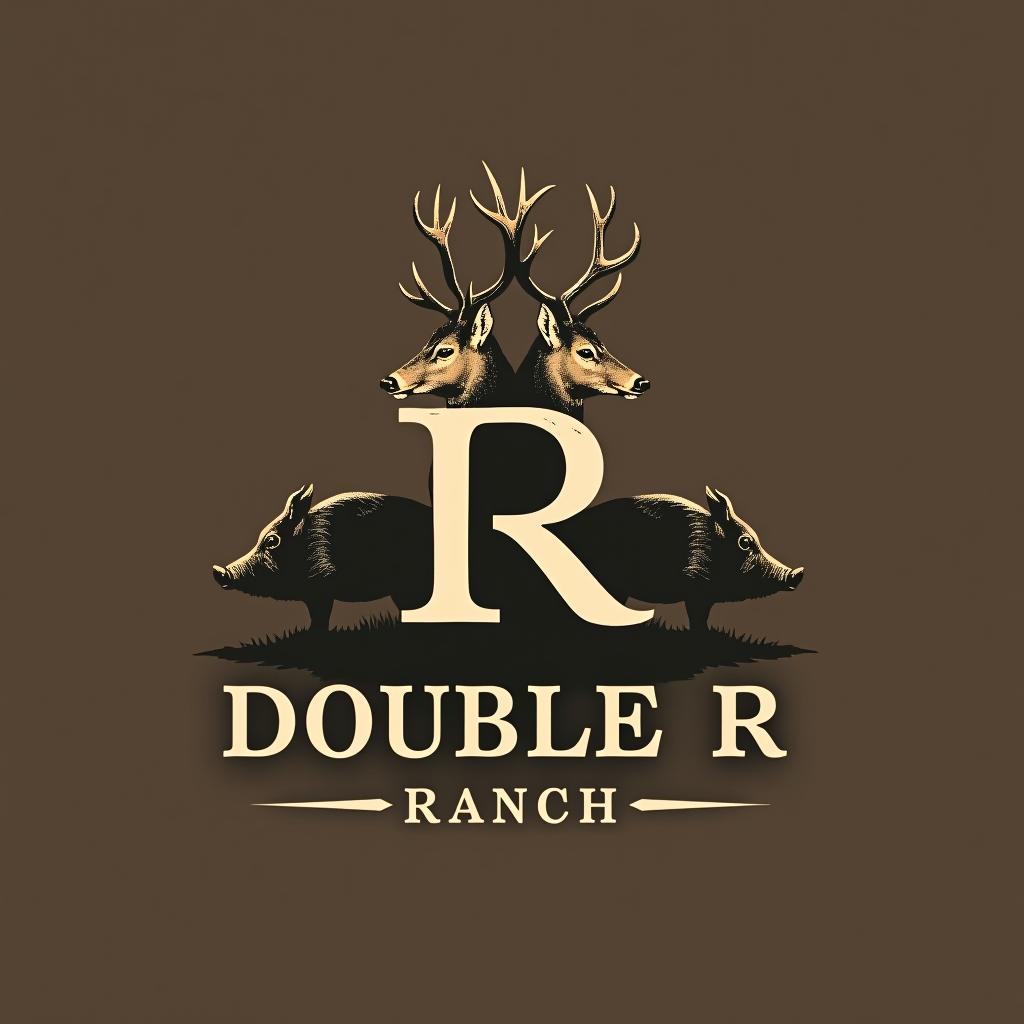  design a logo, sleek logo design which incorporates a deer , a turkey and a wild hog, with 2 letter r’s facing back to back in the forefront. the text title is “double r ranch”