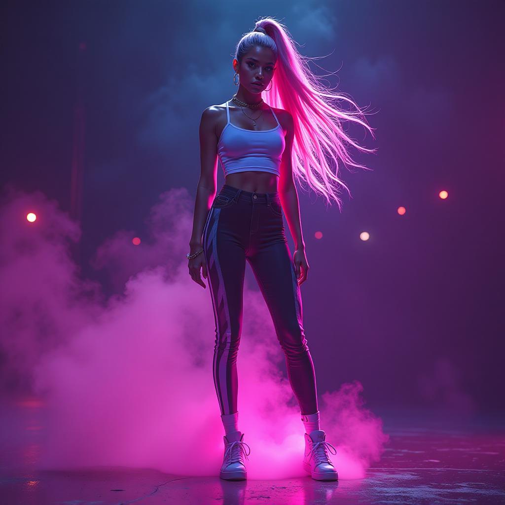  generate an art image. style digital art. generate an art image. style sketch. nicki minaj wearing leggings at tank top high top tennis shoes glowing neon light throughout her hair cinematic realistic hyperrealistic, full body, detailed clothing, highly detailed, cinematic lighting, stunningly beautiful, intricate, sharp focus, f/1. 8, 85mm, (centered image composition), (professionally color graded), ((bright soft diffused light)), volumetric fog, trending on instagram, trending on tumblr, HDR 4K, 8K