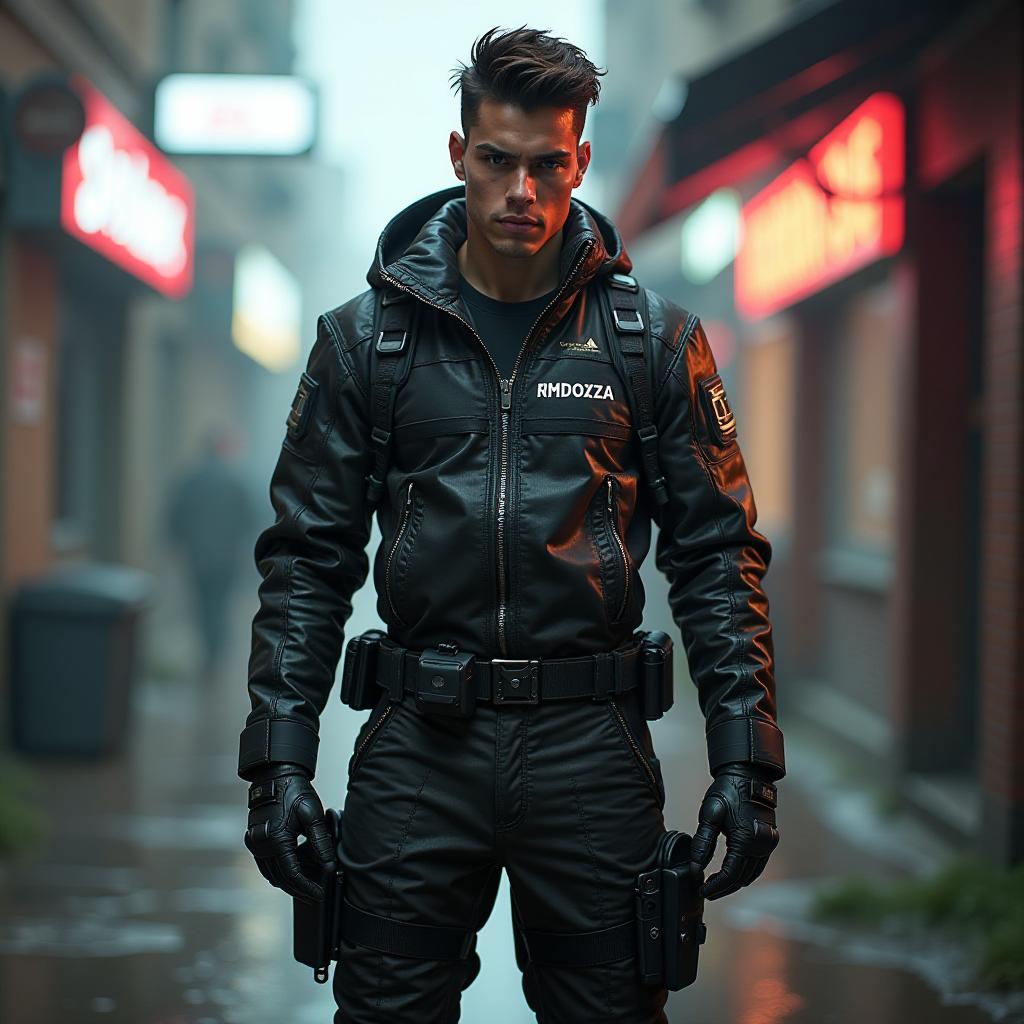  hombre hermoso, cuerpo completo, soldado  cyberpunk,  en su uniforme un texto bordado que dice, jhon mendoza. hyperrealistic, full body, detailed clothing, highly detailed, cinematic lighting, stunningly beautiful, intricate, sharp focus, f/1. 8, 85mm, (centered image composition), (professionally color graded), ((bright soft diffused light)), volumetric fog, trending on instagram, trending on tumblr, HDR 4K, 8K