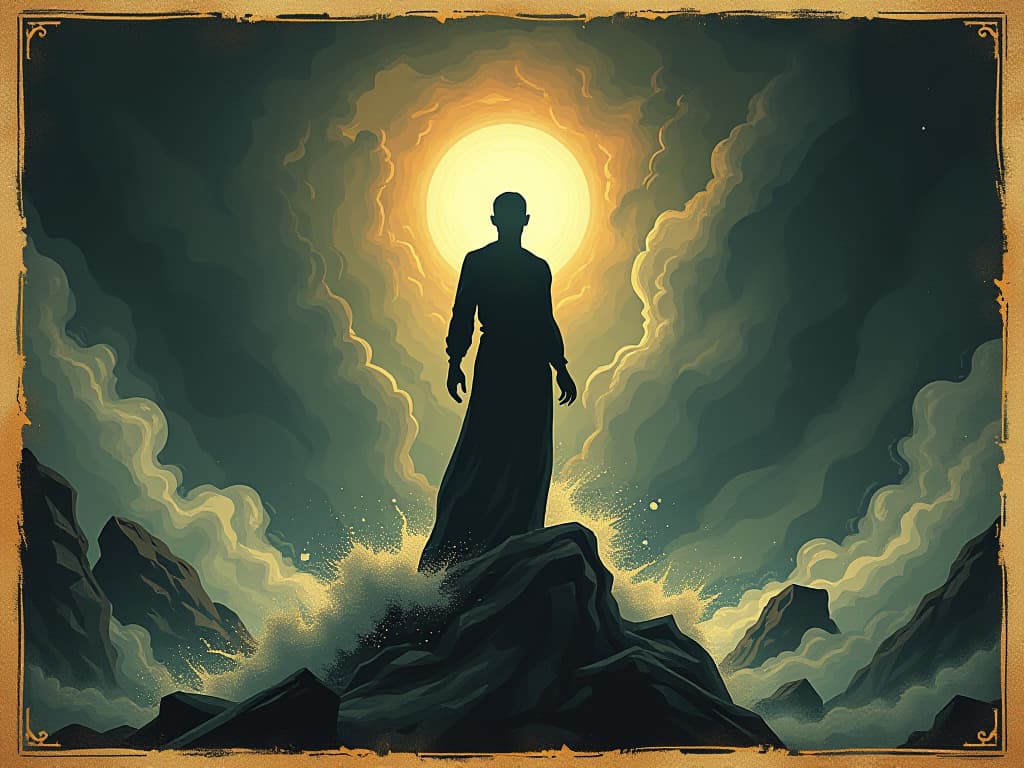  a human figure, standing tall amidst a raging storm, silhouette glowing with inner light, defying the elements, unyielding force, unstoppable power. an illustration in the style of a worn, mystical old tarot trump card, mysterious and elements of surrealism. the colors are muted, somber and eerie, but with contrast bring out an occult and esoteric vibe.