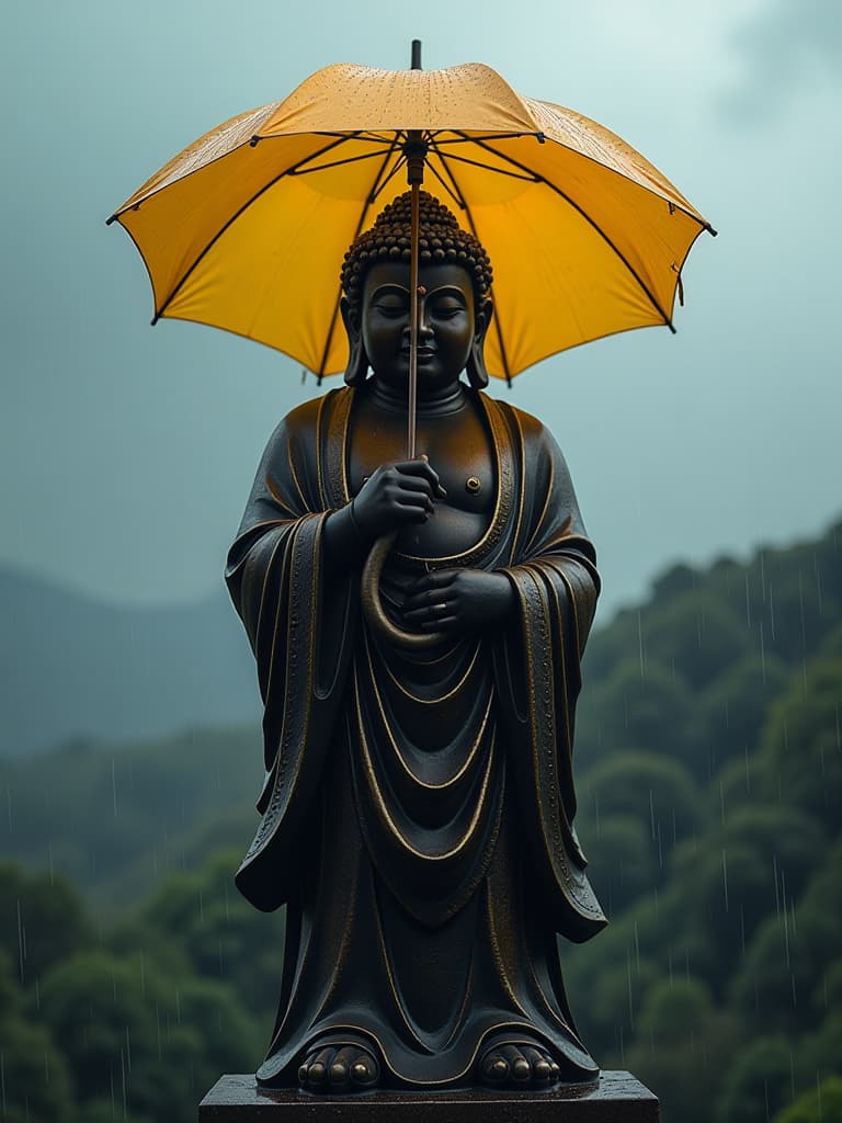  buddha statue, dark lighting, dark atmosphere, black gold buddha, expressionless face, buddha statue with umbrella, rainy outdoors, gray sky, gray clouds, standing buddha statue with yellow umbrell, full body shot