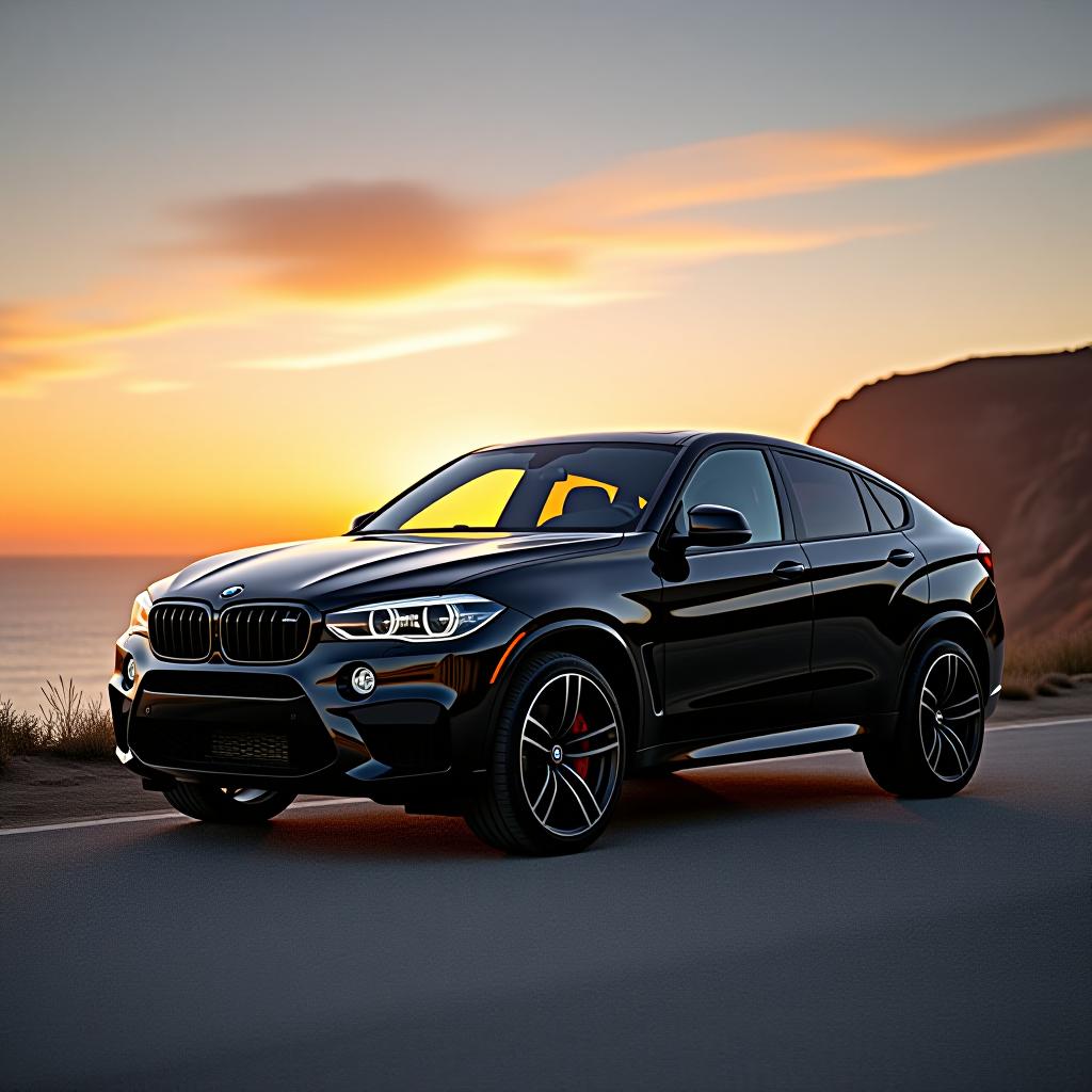  a black bmw x6 with an m package is parked at sunset near a cliff with the sea in the background.