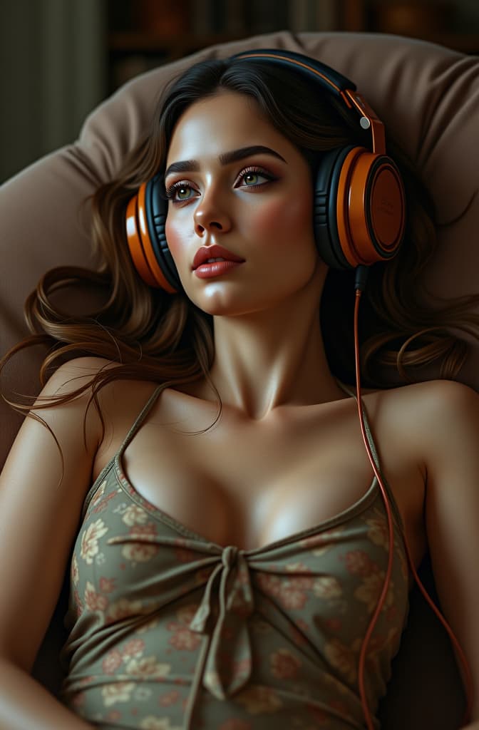  mulher cabelos cacheados relaxando ouvindo musica, realistic, portrait, art by donato giancola and greg rutkowski, realistic face, digital art, trending on artstation hyperrealistic, full body, detailed clothing, highly detailed, cinematic lighting, stunningly beautiful, intricate, sharp focus, f/1. 8, 85mm, (centered image composition), (professionally color graded), ((bright soft diffused light)), volumetric fog, trending on instagram, trending on tumblr, HDR 4K, 8K