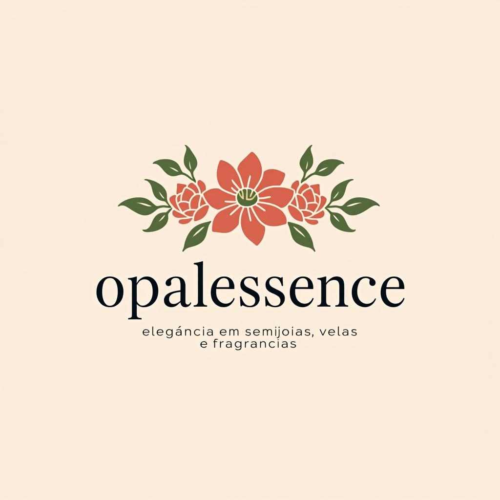  design a logo, paleta delicada, autêntico e flores nome da loja e opalessence , with the text 'opalessence: elegância em semijoias, velas e fragrâncias'.