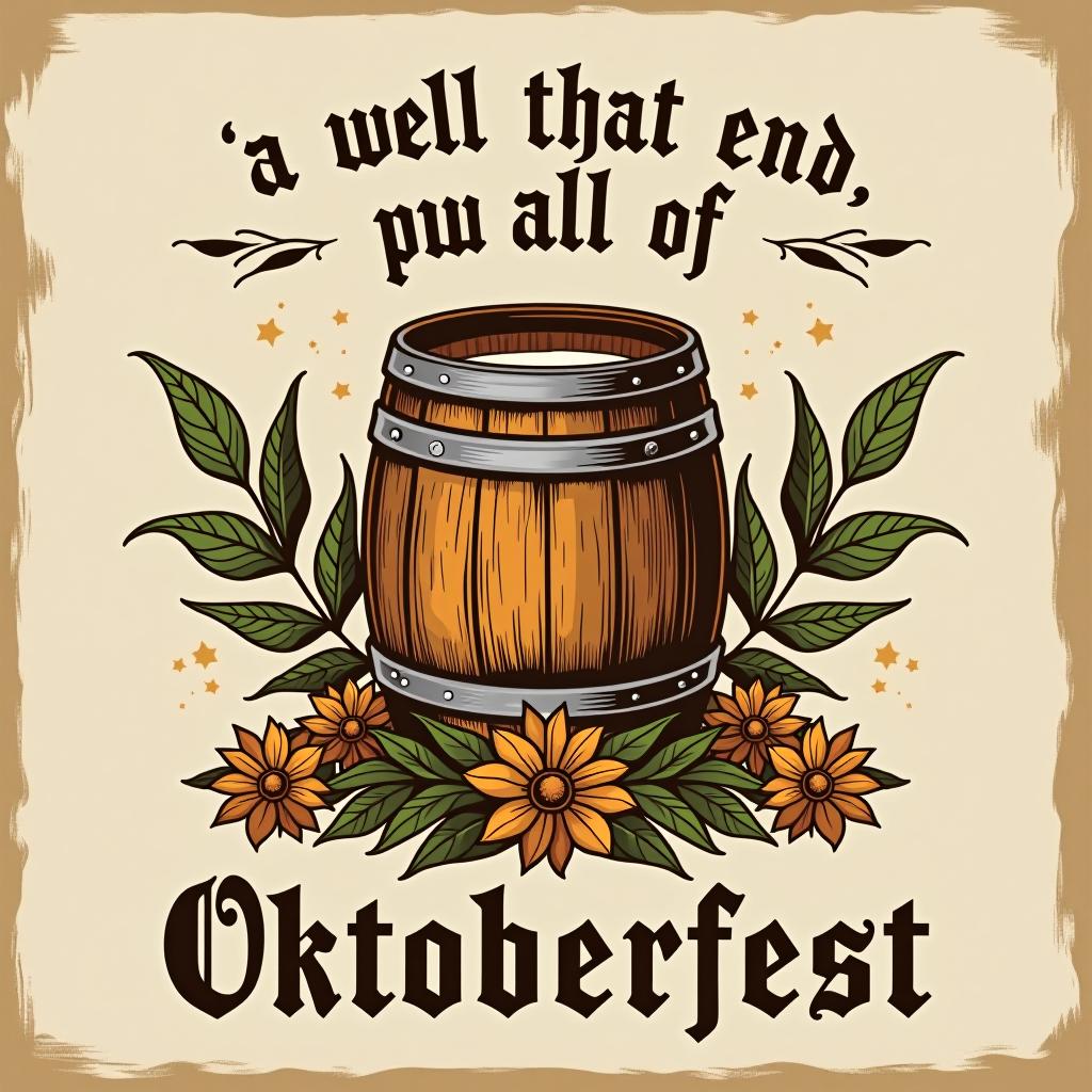  vintage style design with 'ale's well that ends well.' old fashioned beer barrel and rustic texture. place the word oktoberfest at the bottom of the image