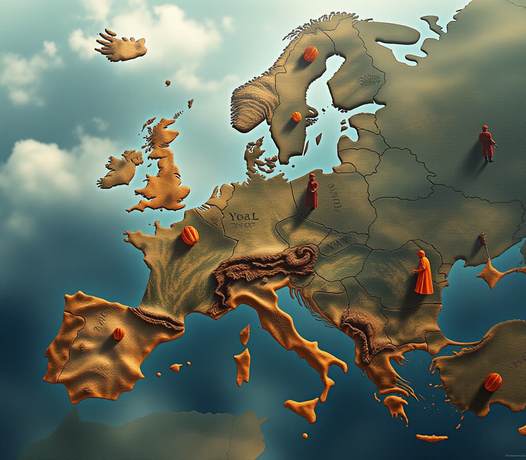  dreamscape (masterpiece, 8k, uhd, photorealistic:1.3), ancient map of europe, (double exposure effect:1.3), ethereal army dissolving into the surface of the map, (mystical aura:1.2), multi layered image with soft blur, dissolving visual effects, intricate patterns swirling around, surreal atmosphere, (fantasy elements:1.3), dynamic composition, top view, mixing reality with imagination, rich textures and layers, mesmerizing artwork. . surreal, ethereal, dreamy, mysterious, fantasy, highly detailed hyperrealistic, full body, detailed clothing, highly detailed, cinematic lighting, stunningly beautiful, intricate, sharp focus, f/1. 8, 85mm, (centered image composition), (professionally color graded), ((bright soft diffused light)), volumetric fog, trending on instagram, trending on tumblr, HDR 4K, 8K