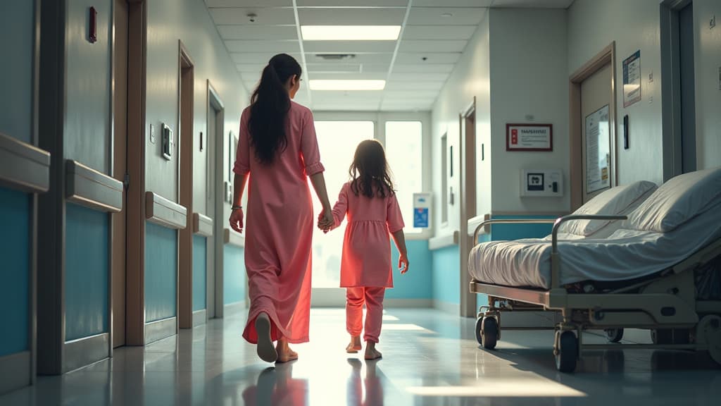  prompt: create an ultra realistic and detailed composition capturing mia rusthen's triumphant moment of taking her first steps with her sister's support, leaving the hospital in sunnaas. showcase mia's determination, family's unwavering support, and the emotional journey to recovery. include elements like mia and her sister holding hands, hospital surroundings, medical equipment, and symbols of hope and resilience. incorporate vibrant colors, dramatic lighting, and intricate details to convey th