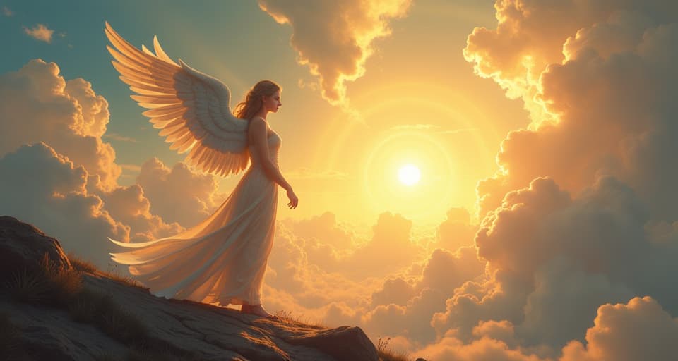  an ethereal angel walking toward a horizon filled with glowing abundance, clarity in the surrounding atmosphere. the style is digital art illustration,highly detailed, whimsical,magical, dreamlike atmosphere, realism and fantasy blend, smooth, glossy textures,luminous quality, wonder and enchantment.