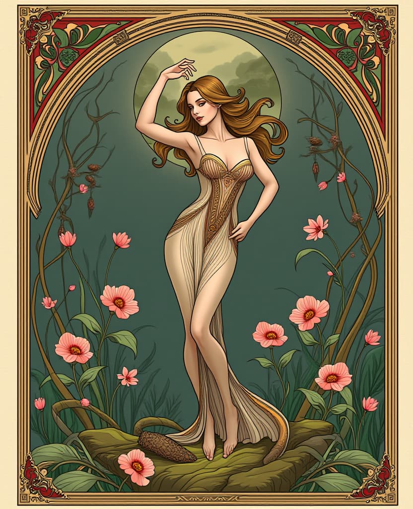  art nouveau style hot skinny cute tender . elegant, decorative, curvilinear forms, nature inspired, ornate, detailed