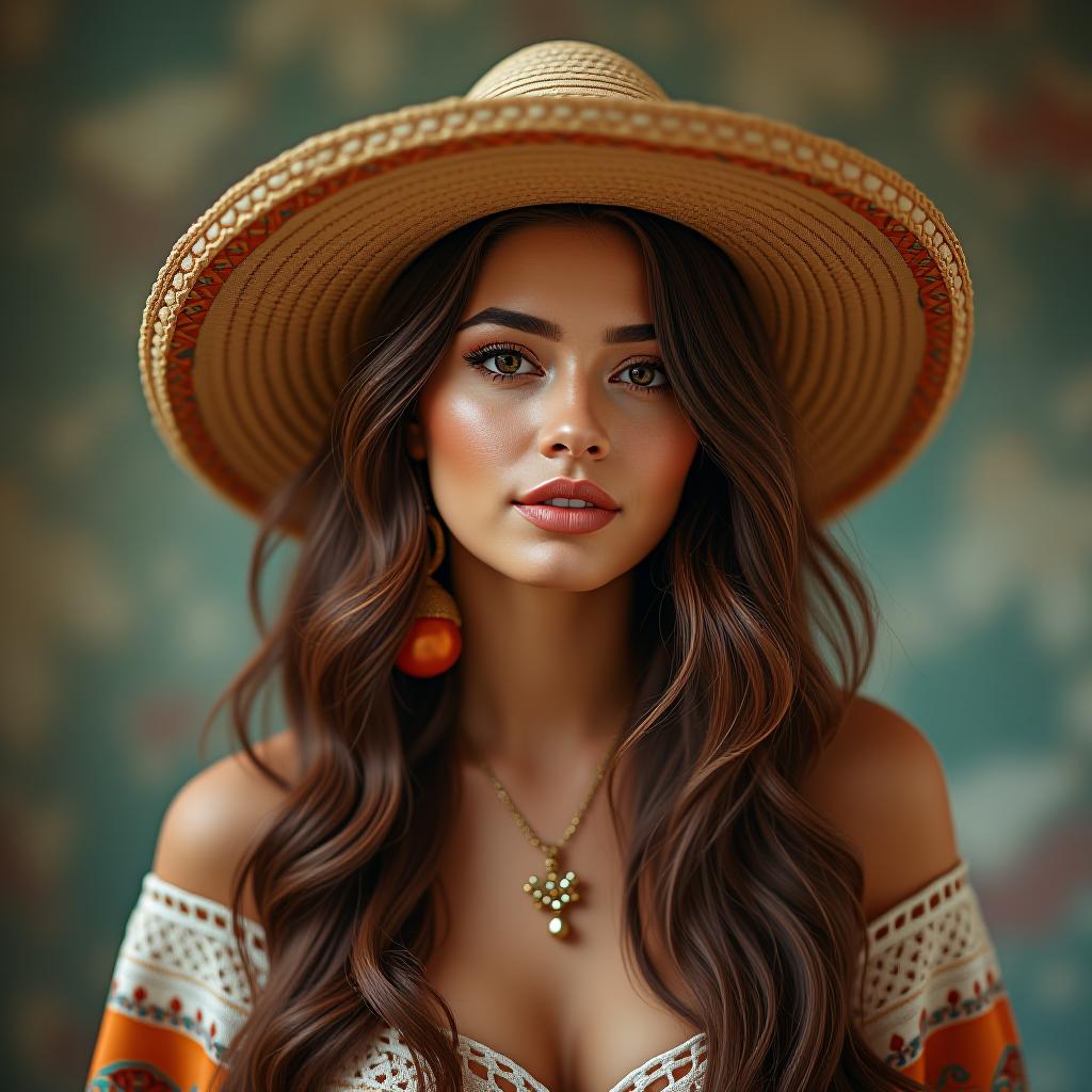  make a image of a mexican woman with brown hair looking boho