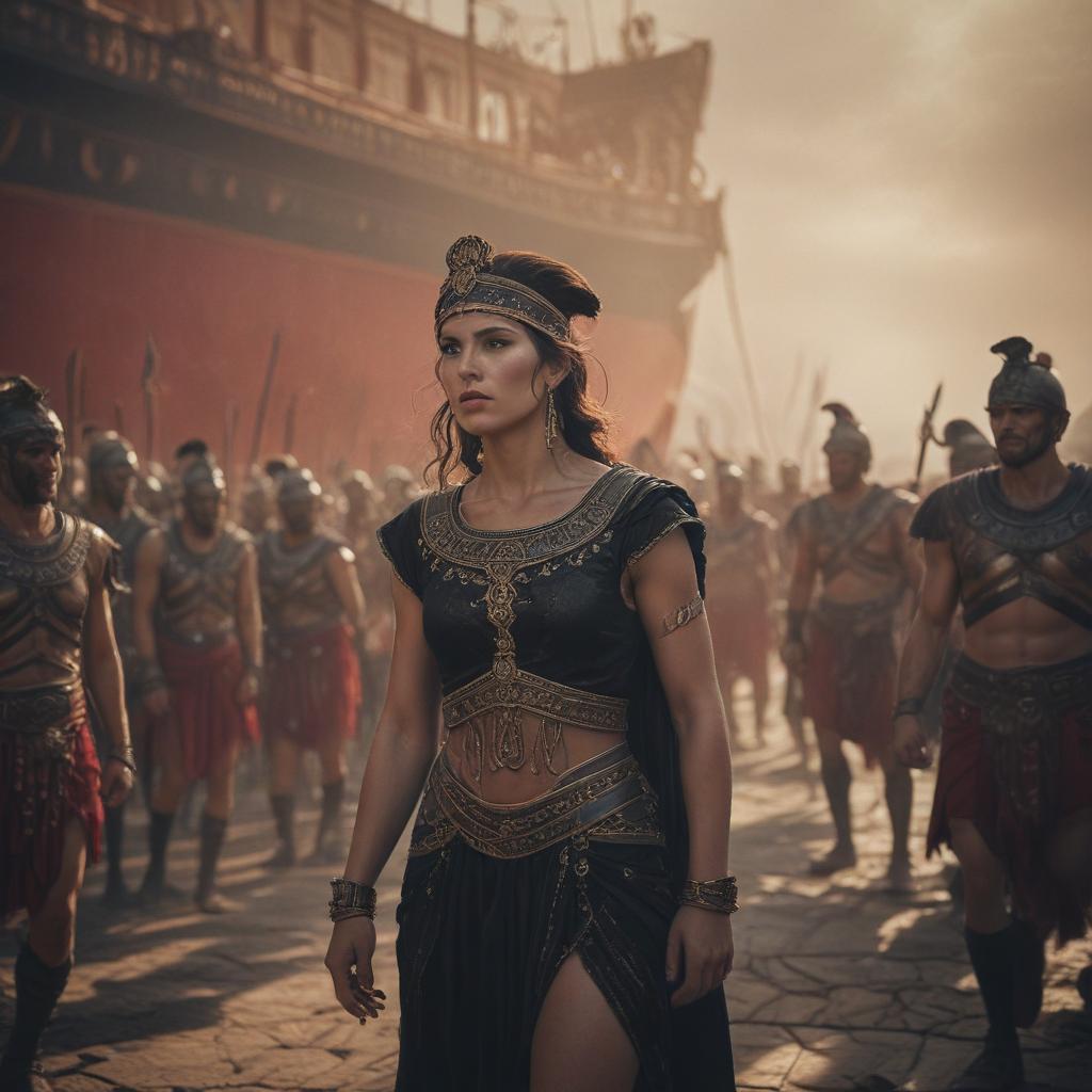 A cinematic scene of the Greek forces gathering for the voyage to Troy, featuring Cetus, Achilles' mother, with a mysterious expression, set against a backdrop of ancient ships and warriors, dramatic lighting and shadows, capturing the anticipation and tension of the moment, shot in a painterly style with rich textures and earthy tones"in the style of classical Greek pottery art, with intricate black figures on a red background, depicting mythological scenes with a focus on gods and heroes, using a limited color palette of red, black, and white"This image is a breathtaking painting that captures the magical scene with vivid detail. The overall composition is spellbinding, showcasing a perfect harmony. photorealism fantasy, unreal engine 5,  hyperrealistic, full body, detailed clothing, highly detailed, cinematic lighting, stunningly beautiful, intricate, sharp focus, f/1. 8, 85mm, (centered image composition), (professionally color graded), ((bright soft diffused light)), volumetric fog, trending on instagram, trending on tumblr, HDR 4K, 8K