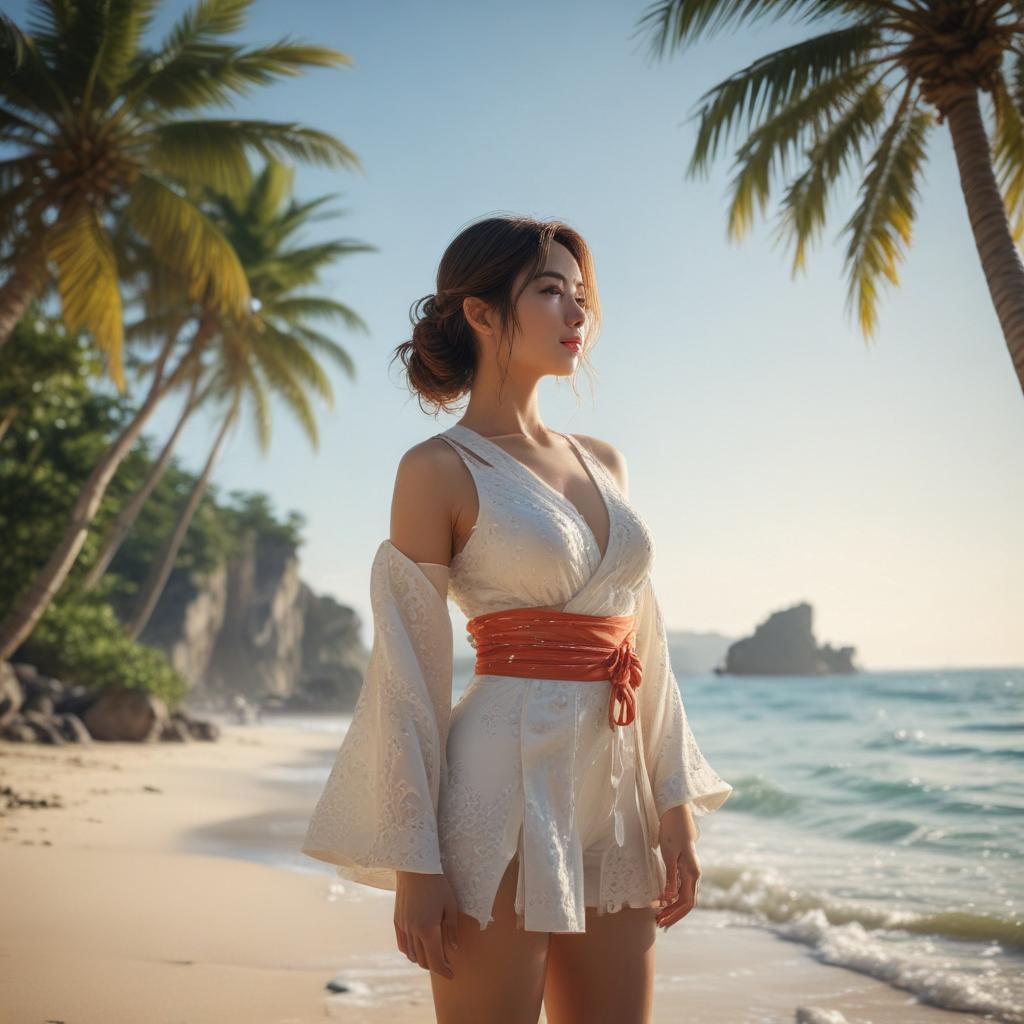 ((masterpiece)),(((best quality))), 8k, high detailed, ultra detailed, A stunning Japanese with large bust in a , enjoying the summer at the beach, palm trees, sparkling ocean hyperrealistic, full body, detailed clothing, highly detailed, cinematic lighting, stunningly beautiful, intricate, sharp focus, f/1. 8, 85mm, (centered image composition), (professionally color graded), ((bright soft diffused light)), volumetric fog, trending on instagram, trending on tumblr, HDR 4K, 8K