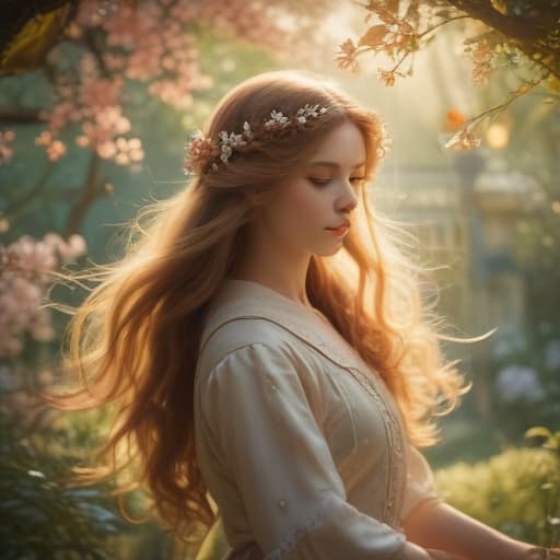 In a serene and mystical garden, a young with flowing hair dances gracefully among a of vint flowers. Each blossom emits a soft glow, casting a warm light over the scene. erflies flutter around her, adding to the ethereal atmosphere. The 's eyes sparkle with divine energy, reflecting the beauty and purity of nature. This enchanting image captures the essence of innocence and wonder, inviting viewers to immerse themselves in a world of magic and tranquility. fantastical creatures or characters inspired by mythology, folklore, or popular culture. use vint colors, sharp lines, intricate details, dynamic poses, dramatic lighting, atmospheric backgrounds, and blend anime, manga, and Western comic influences.