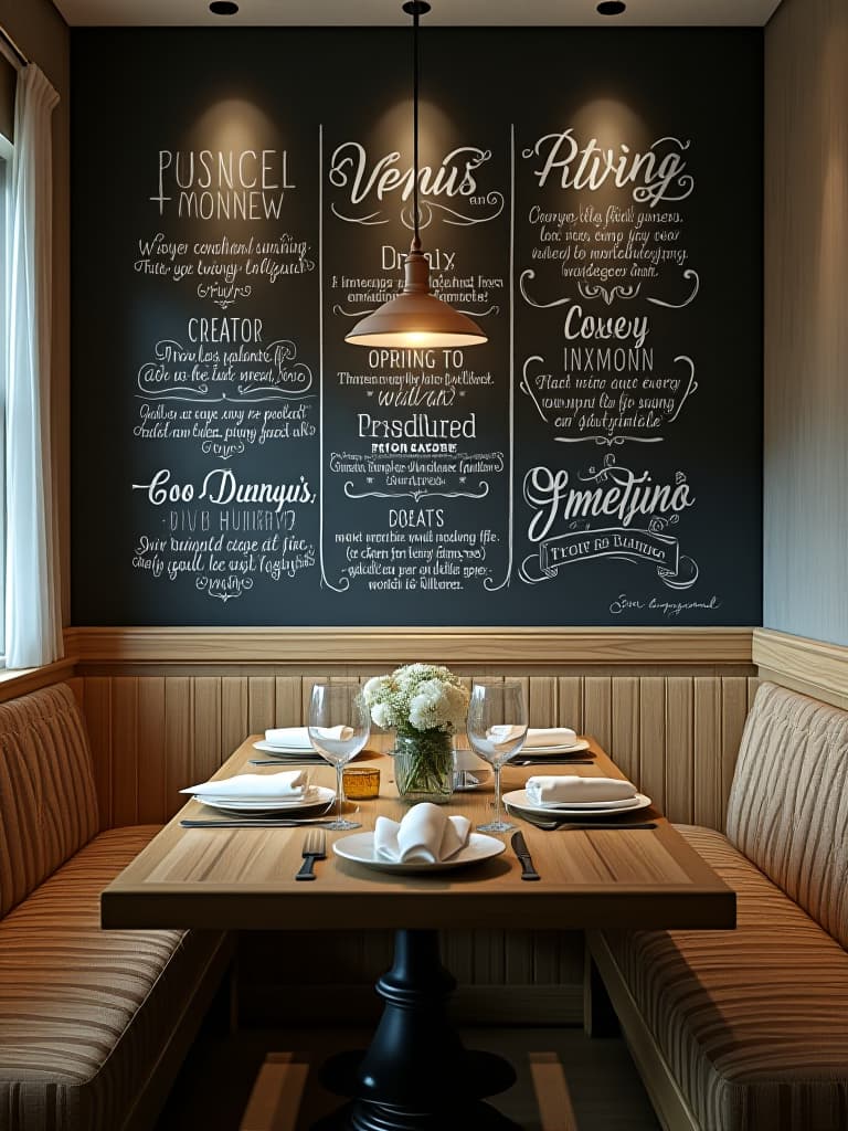  high quality portrait photo of a cozy farmhouse dining nook with a dramatic chalkboard accent wall, featuring handwritten menu and quotes, captured from a high angle to show the entire space and table setting hyperrealistic, full body, detailed clothing, highly detailed, cinematic lighting, stunningly beautiful, intricate, sharp focus, f/1. 8, 85mm, (centered image composition), (professionally color graded), ((bright soft diffused light)), volumetric fog, trending on instagram, trending on tumblr, HDR 4K, 8K