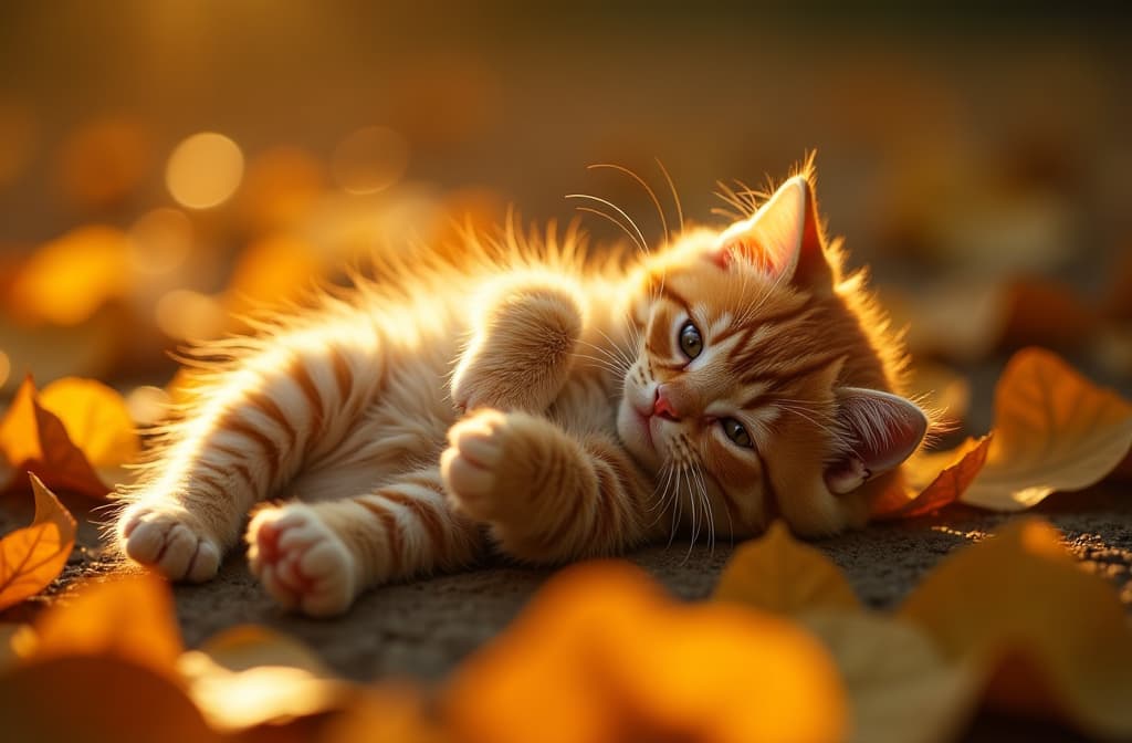  cinematic film style, a red fluffy kitten lies on its back on yellow fallen leaves. view from above. ar 3:2, shallow depth of field, vignette, maximum details, high budget hollywood movie, bokeh, cinemascope, moody, epic, gorgeous, sun rays and shadows on furniture and surfaces, flattering light, raw photo, photography, photorealistic, 8k resolution, f1.4, sharpened focus, sharp focus