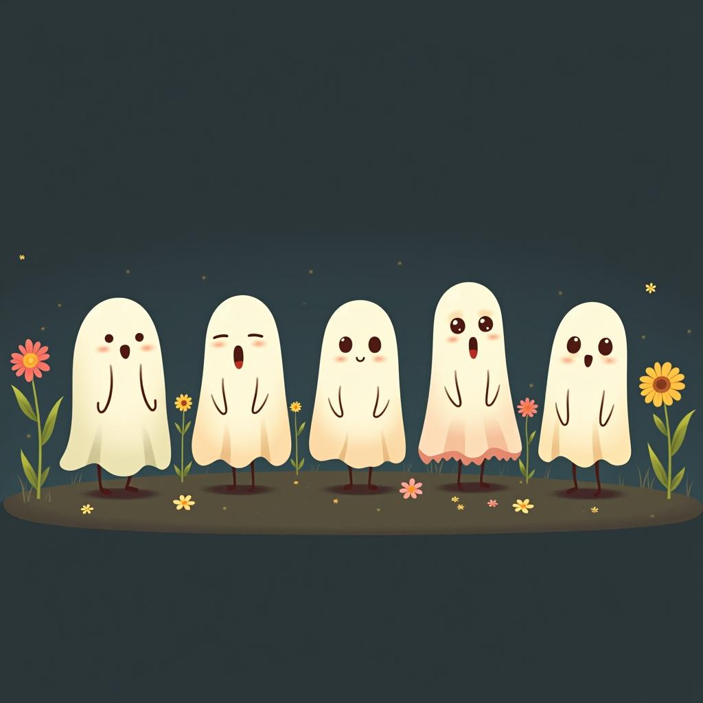  create a digital illustration featuring a row of four or five cute, cartoonish ghost characters, each with a different appearance, standing in different positions within sparse, life like wildflowers.