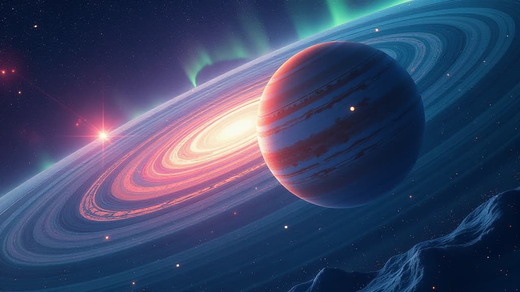  prompt: create a highly detailed and visually striking image capturing the majestic spectacle of auroras above jupiter's poles influencing the planet's atmospheric chemistry. include vibrant and swirling polar lights illuminating the gas giant's atmosphere, with intricate details showcasing the presence of carbon monoxide and hydrogen cyanide introduced by the collision of comet shoemaker levy 9 in 1994. incorporate logos of prominent space agencies like nasa and esa to emphasize the scientific