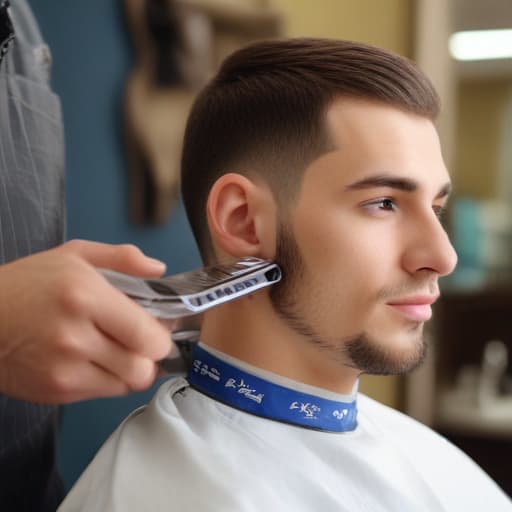 An image of a barber with trimmers edging a neat haircut, focus on the trimmers, in a barbershop, detailed, realistic