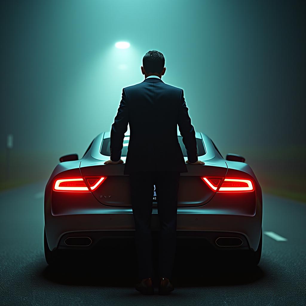  against the back of the automobile, the automobile will only be a man hyperrealistic, full body, detailed clothing, highly detailed, cinematic lighting, stunningly beautiful, intricate, sharp focus, f/1. 8, 85mm, (centered image composition), (professionally color graded), ((bright soft diffused light)), volumetric fog, trending on instagram, trending on tumblr, HDR 4K, 8K