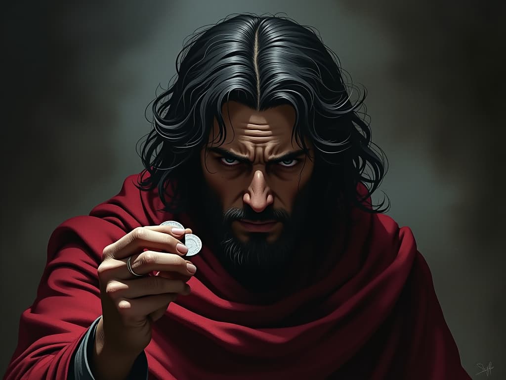  detailed portrait of judas iscariot, sorrowful expression, silver coins in hand, shadowy backdrop suggesting betrayal. the style is dark fantasy and mysterious occult, symbolic, moody lighting, esoteric vibe,high detail on character design. for the color scheme emphasize blacks and reds.