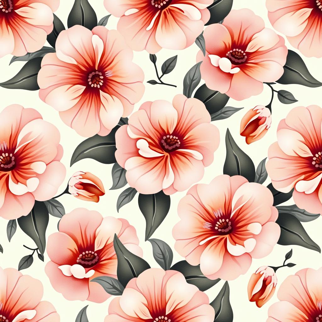  create a seamless digital design featuring a pattern of large, beautiful flowers with soft, watercolor like effects. the flowers should cover the entire surface, creating a bold, elegant, and continuous look. the overall style should be light and airy, with delicate leaves and petals to enhance the natural, floral theme. the design should be seamless to ensure it can be used in repeating patterns or wraps.