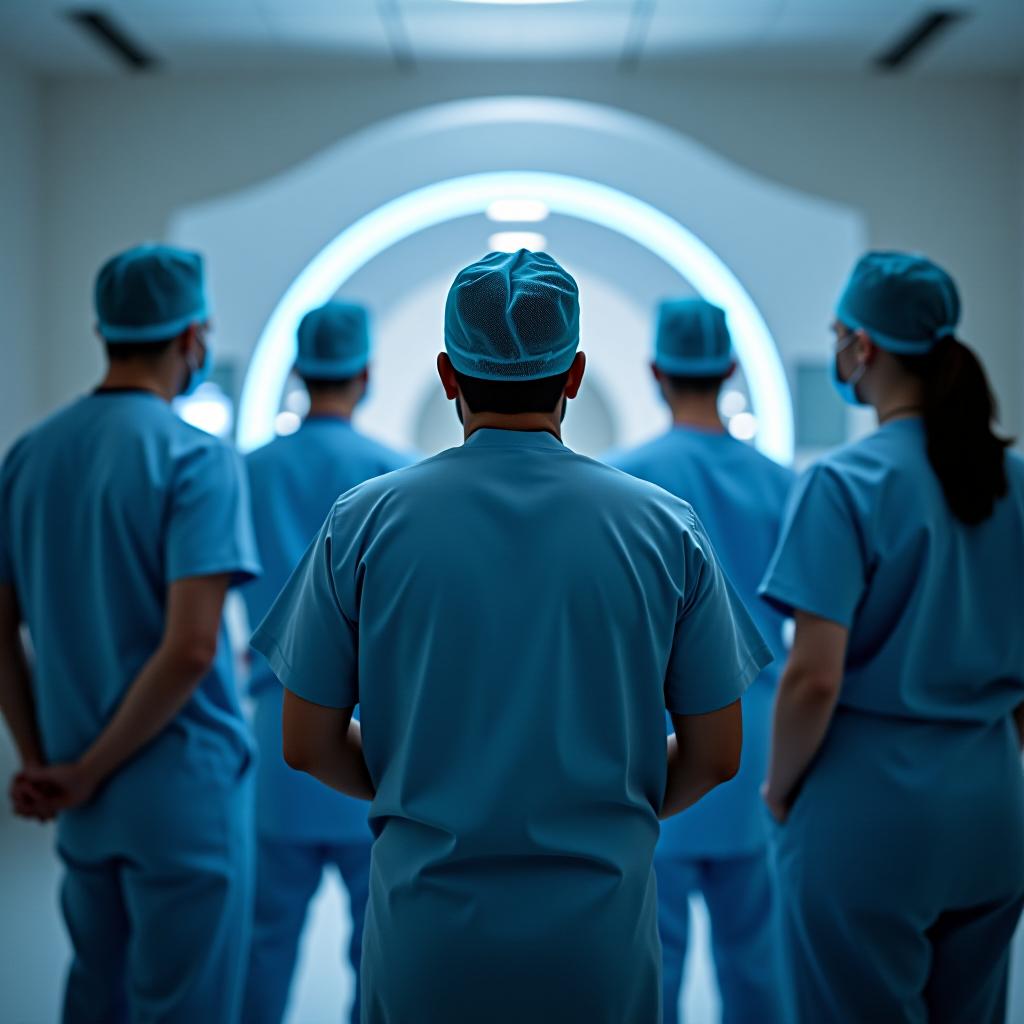  medical staff against the background of an mri.