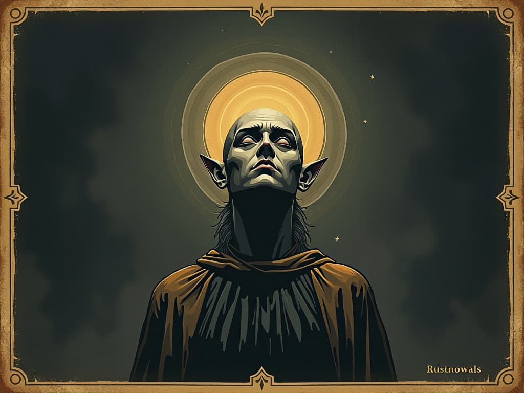  listening to inner voice, figure with light circling ears, dark expanse background, focus, still. an illustration in the style of a worn, mystical old tarot trump card, mysterious and elements of surrealism. the colors are muted, somber and eerie, but with contrast bring out an occult and esoteric vibe.