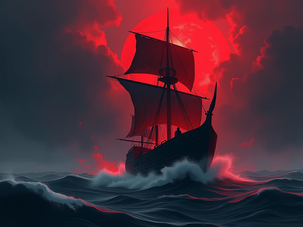  ship in a stormy sea, red torn sails, broken rudder, symbol of chaos. the style is digital art illustration / modern comic book / graphic dark novel fantasy and mysterious occult, symbolic, moody lighting, esoteric vibe,high detail on character design. for the color scheme emphasize blacks and reds.