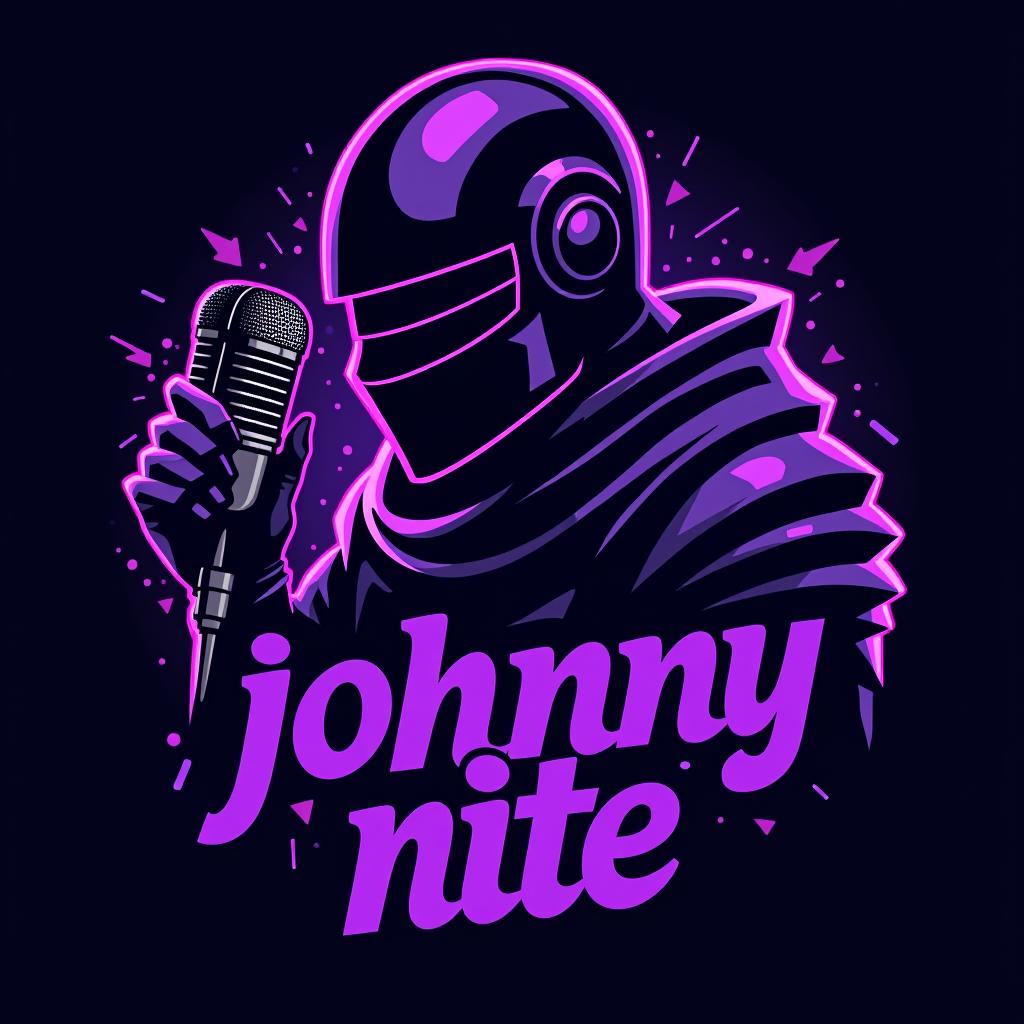  design a logo, in a realism style. knight with a gaming mic graffiti purple and black, with the text 'johnny nite'.