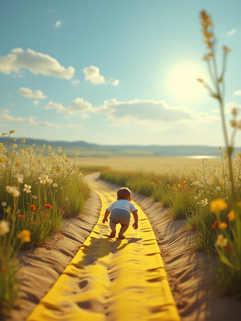  cinematic film still the painting is a spring landscape, a baby crawls along a yellow sand ramp, in the background are spring flowers, fields, clear sky, bright sun. . shallow depth of field, vignette, highly detailed, high budget, bokeh, cinemascope, moody, epic, gorgeous, film grain, grainy